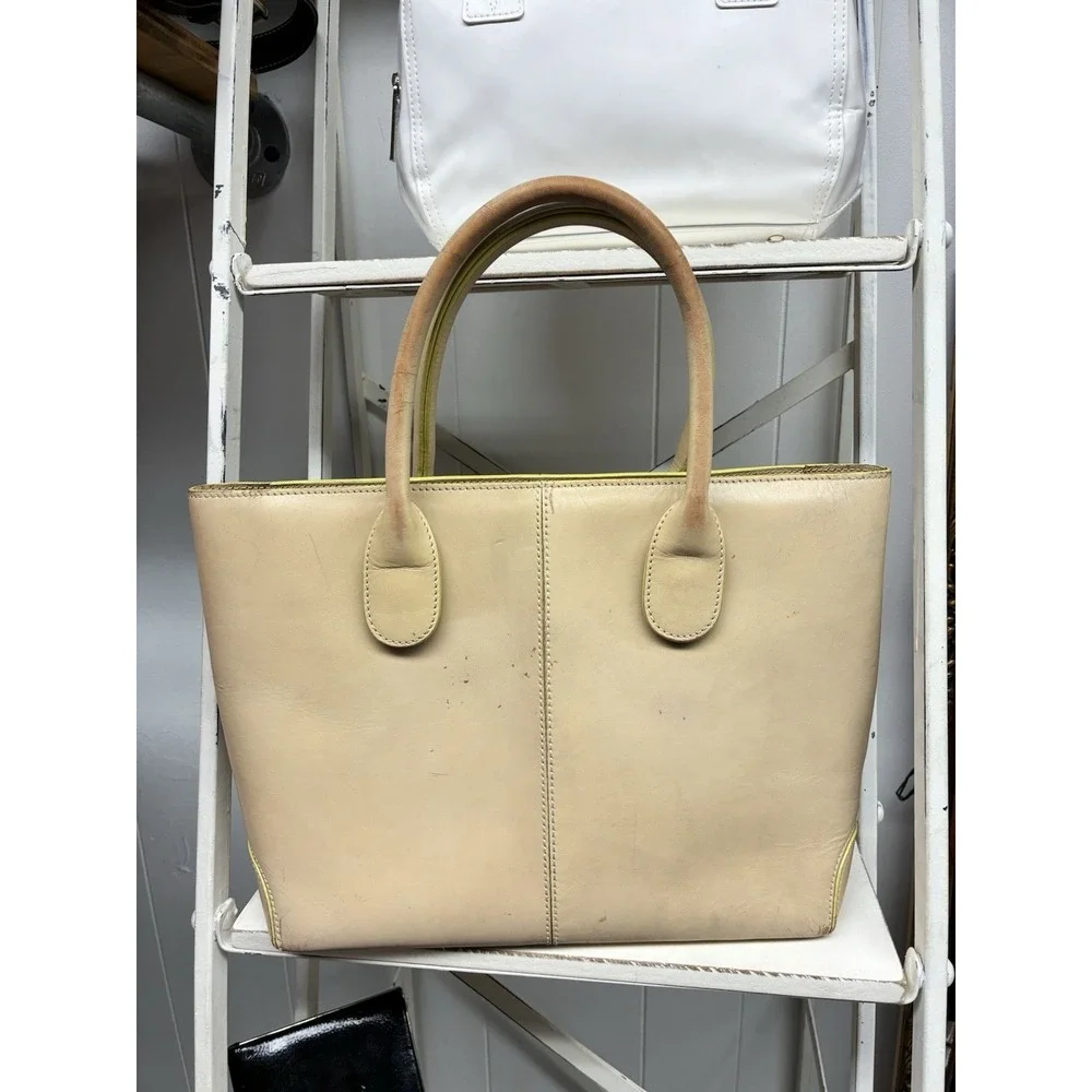J.E. Tods Beige Leather Top Handle Tote Bag Made in Italy *See Photos*